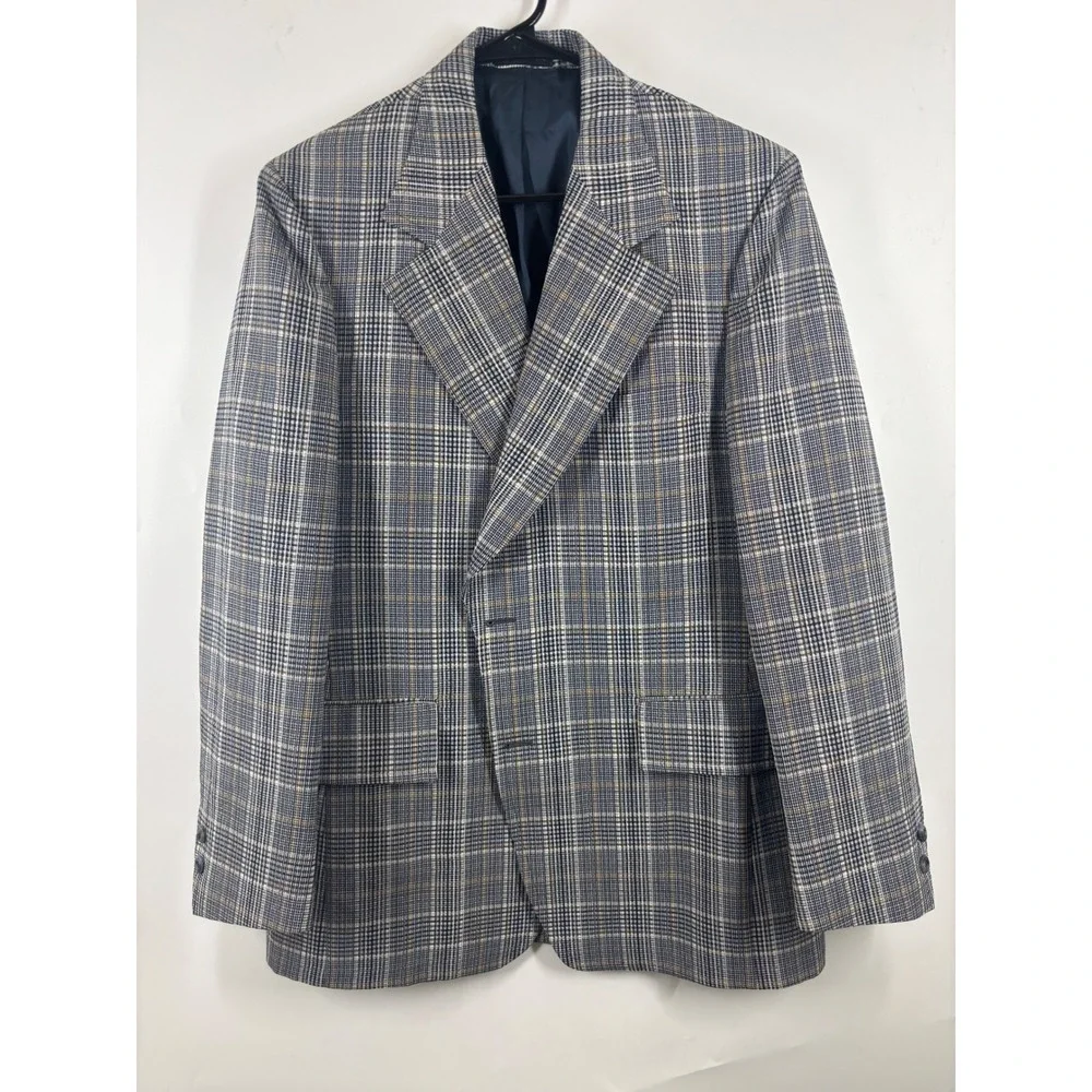 Vintage Campus Togs Glen Plaid Blazer Blue Grey Tan Men Sport Coat Scarsdale XXL